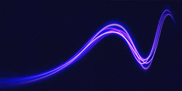 Vector illustration of High speed effect motion blur night lights blue and red. Magic shining neon light line trails. Luminous bright background. Purple glowing wave swirl, impulse cable lines. Long time exposure. Vector