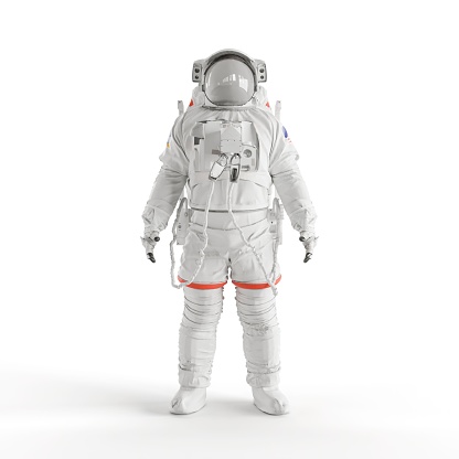Astronaut or cosmonaut is in space suit on white background.  Easy to crop for all your social media and design need with copy space.