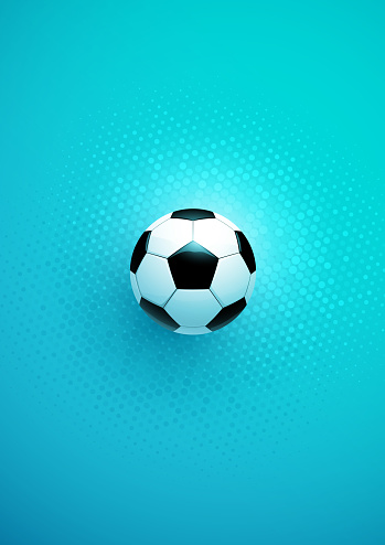 Turquoise blue Soccer poster with a football on a halftone dots pattern vector illustration background