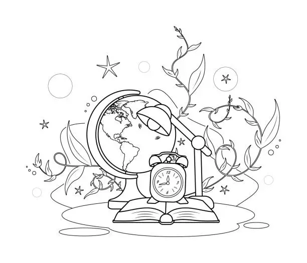 Vector illustration of Coloring page. Book, Globe, Clock, and Desk Lamp