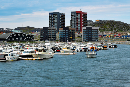 Nuuk / Godthåb, Sermersooq, Greenland: South Nuussuaq district and marina - residential towers and the Malik ('wave') public swimming pool.