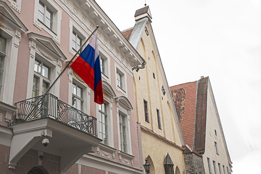 Flag of the Russian Embassy in Europe. War in Ukraine