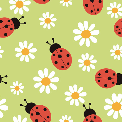 Seamless pattern with ladybugs and daisies. Vector illustration. It can be used for wallpapers, wrapping, cards, patterns for clothes and other.