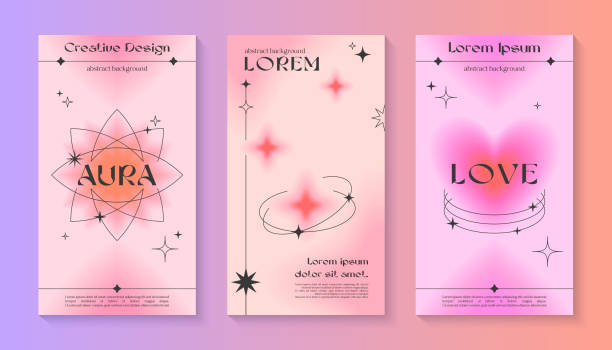 illustrazioni stock, clip art, cartoni animati e icone di tendenza di modelli di gradiente di insta story vettoriali con forme geometriche, cuore, scintillii sfocati, spazio di copia per il testo in stile anni '90 - aura