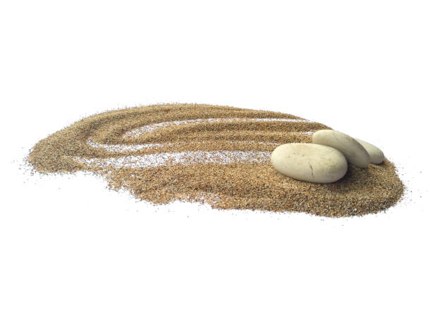 istock Stone arrangement with clipping path. Sand beach texture and white stone 1597110809