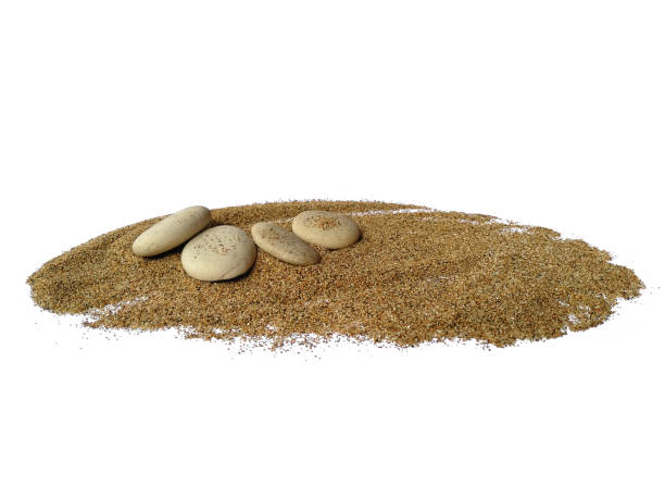istock Stone arrangement with clipping path. Sand beach texture and white stone 1597111864
