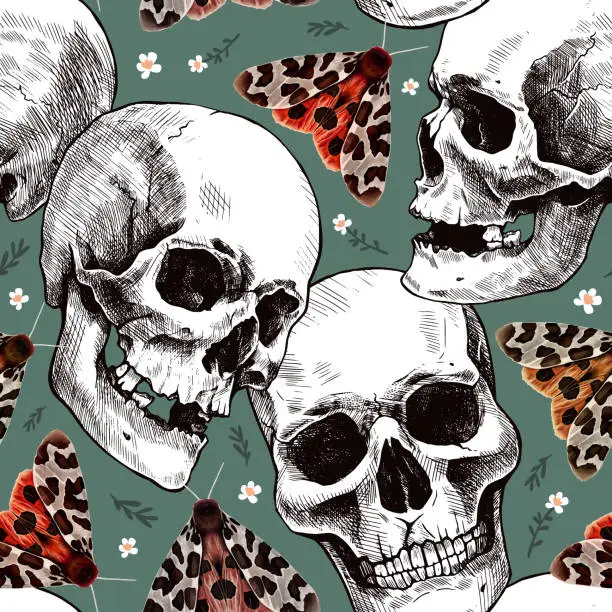 Vector illustration of Seamless pattern of hand-drawn human skulls, flowers, and the garden tiger moth or Arctia caja. Beautiful colorful illustration.