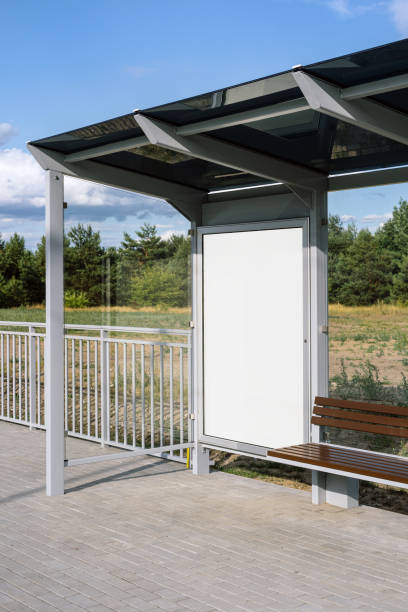 istock Public transport stop with template lightbox for commercial advertising 1597147940