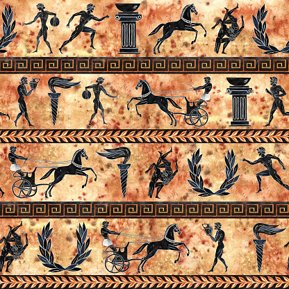 Seamless pattern with ancient Greek Olympic athletes. In the style of ancient Greek painting. Hand drawn watercolor. For textiles, wallpapers, printing and backgrounds. For packaging, labels, postcard