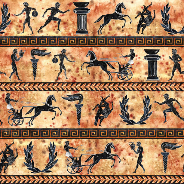 Seamless pattern with ancient Greek Olympic athletes. In the style of ancient Greek painting. Hand drawn watercolor. For textiles, wallpapers, printing and backgrounds. For packaging, label, postcard. Seamless pattern with ancient Greek Olympic athletes. In the style of ancient Greek painting. Hand drawn watercolor. For textiles, wallpapers, printing and backgrounds. For packaging, labels, postcard ancient history stock illustrations