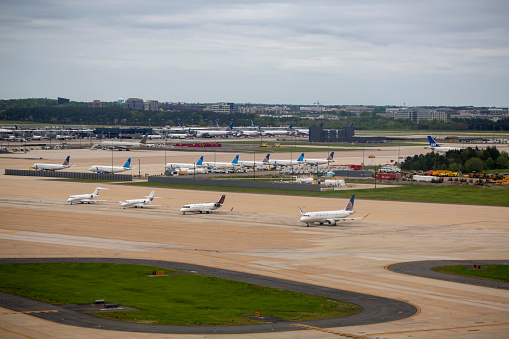 Aerial view of a group of airplanes awaiting take-off at Washington Dulles International Airport in May 2022