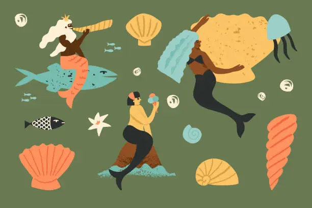 Vector illustration of Diverse mermaids set from different cultures swimming, riding the fish, enjoying life, eating ice cream, and surrounded by shells, fish, water lilies, and bubbles. Vector collection.