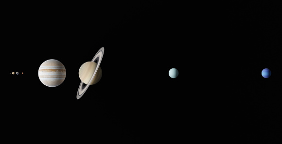 Solar system in outer space with Sun and planets: Mercury, Venus, Earth, Mars, Jupiter, Saturn and Uranus. Elements of this image furnished by NASA. 3D render illustration.