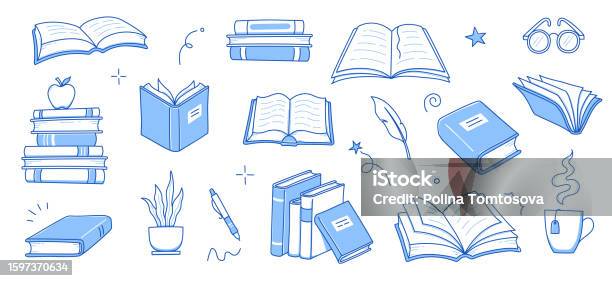 Reading Stack Doodle Book Stack Sketch Set Hand Drawn Sketch Doodle Style Line Book Stack ...