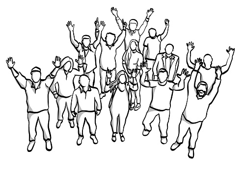 Overhead view of large group of employees cheering with their arms up.  Hand drawn sketch illustration in vector format