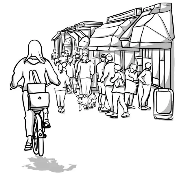 Vector illustration of Cycling Past Busy Boutique Sketch