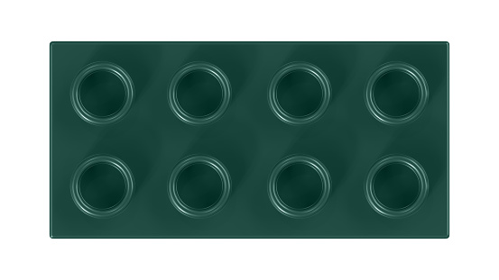Deep Teal Toy Block Isolated on a White Background. Close Up View of a Plastic Children Game Brick for Constructors, Top View. High Quality 3D Rendering with a Work Path. 8K Ultra HD, 7680x4320