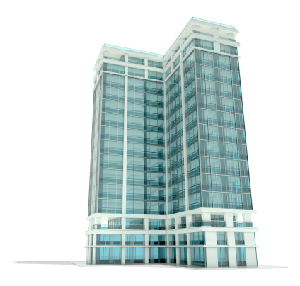 High detailed architectural rendering of an office building with glass surfaces on a white background. View from ground level.