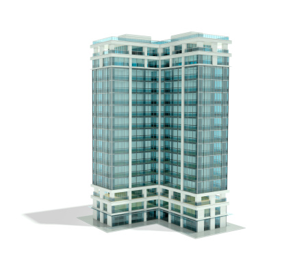 High detailed architectural rendering of an office building with glass surfaces on a white background.