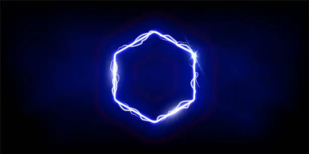 Vector illustration of Magic blue hexagon of thunder storm blue lightnings. Magic and bright light effects electric border. Plasma frame with thunderbolt electricity lightning power effect on dark fog background