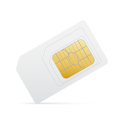 White sim card with gold chip for mobile phone. Vector gsm simcard 3d design isolated on white background.