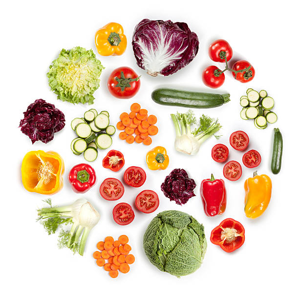 здоровые фрукты и овощи в круглой формы на белом фоне - fruit variation стоковые фото и изображения