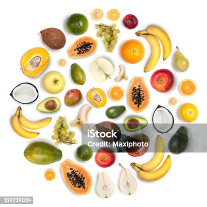 istock Healthy fruits arranged in a round composition on white background 159739034