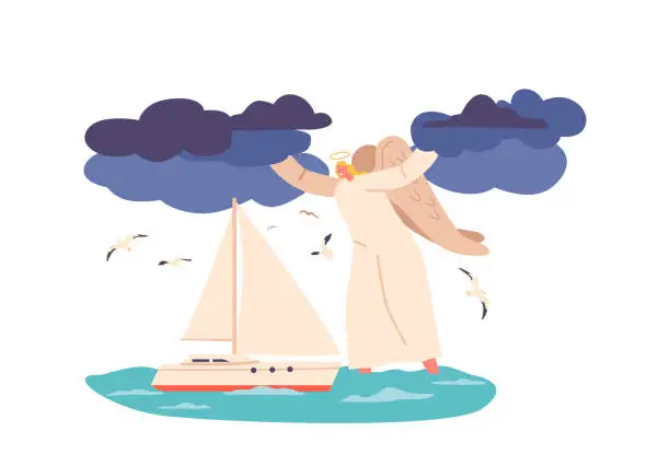 Vector illustration of Angel Keeper Character Stands Guard, Ensuring The Yacht Safety As It Sails On The Vast Sea, Cartoon Vector Illustration