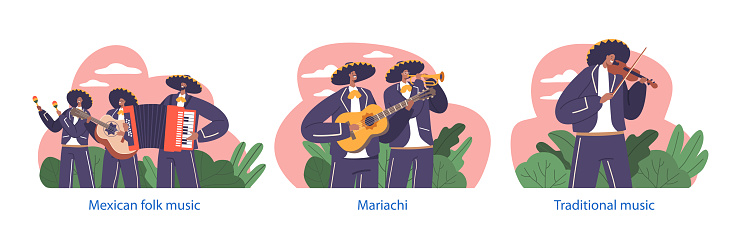 Isolated Elements with Mariachi Musician Band Playing Traditional Mexican Instruments Like Trumpet, Violin, Maracas And Guitar, Creating Captivating Musical Experience. Cartoon Vector Illustration