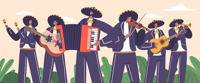 Lively Mariachi Musician Characters Band Playing Traditional Mexican Instruments Like Trumpets, Violins, And Guitars, Creating A Vibrant And Captivating Musical Experience. Cartoon Vector Illustration