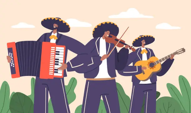 Vector illustration of Mariachi Musicians Band, Skilled Performers, Donning Traditional Mexican Attire, Playing Soulful Melodies With Guitar