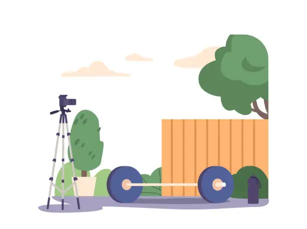 Vector illustration of Fully-equipped Yard For Power Exercise Vlog, Featuring Weight, Camera on Tripod and Water Bottle Vector Illustration