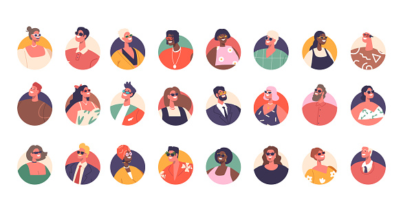 Characters Avatar Set, Diverse Collection Of Customizable Digital Round Icons, Representing Various Ethnicities, Ages, And Genders, Ideal For Social Media Profiles. Cartoon People Vector Illustration