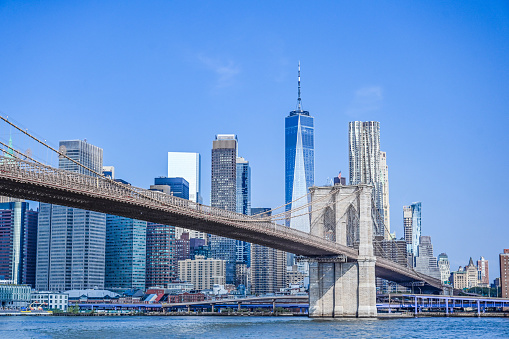Skyline of Manhattan, New York. Downtown financial district on a clear sky day. View from Dumbo with Brooklyn bridge and river.