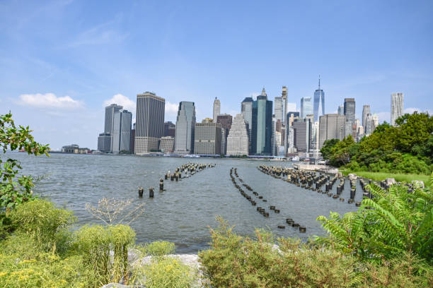 Skyline of Manhattan, New York. Downtown financial district on a clear sky day. Summertime. Hudson River. View from Dumbo.