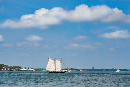 Boat sailing the Hudson River waters in New York City