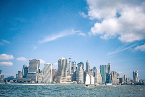 Skyline of Manhattan, New York. Downtown financial district on a clear sky day.