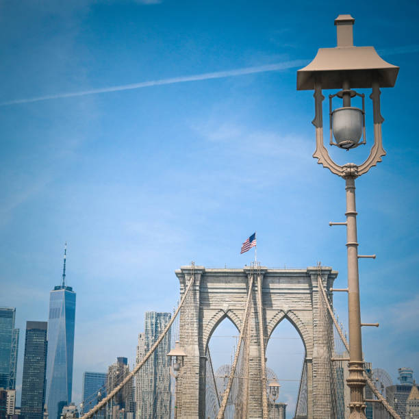Skyline of Manhattan, New York. Downtown financial district on a clear sky day. Brooklyn Bridge.