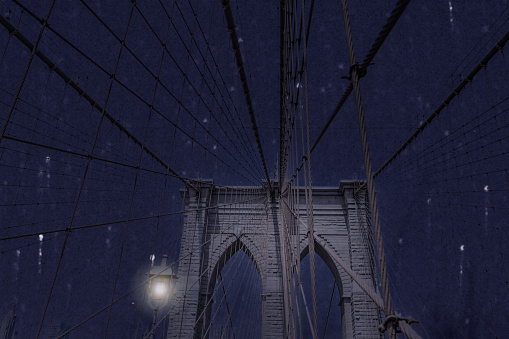 New York. Downtown district on a clear sky night. Brooklyn Bridge.