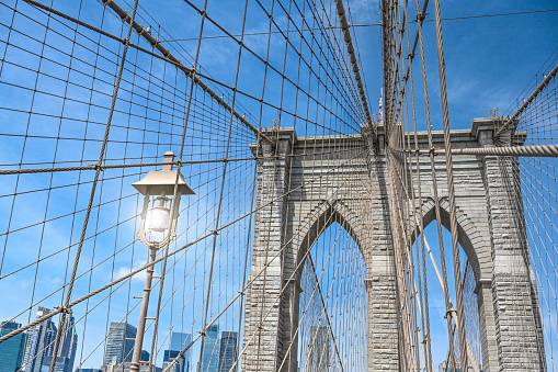 Skyline of Manhattan, New York. Downtown financial district on a clear sky day. Brooklyn bridge in the foreground.