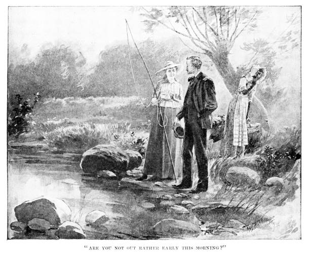 Union Soldier visits Confederate Young White Woman fishing while her African-American Slave chaperones, mid-19th Century A Union soldier visits a Southern young white woman who is fishing. Her family's African-American slave chaperones. Engraving published 1896. Original edition is from my own archives. Copyright has expired and is in Public Domain. slave plantation stock illustrations