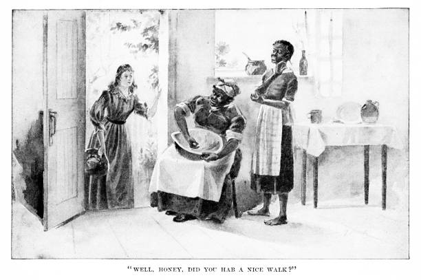 African-American Slave Women in Kitchen Greet Southern Young White Woman, mid-19th Century Two African-American slave women cooking greet a white young woman as she comes in the kitchen door. Engraving published 1896. Original edition is from my own archives. Copyright has expired and is in Public Domain. slave plantation stock illustrations