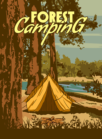 Forest Camping poster retro, camping outdoor travel. Tourism hiking summer forest, vector iluustration, print, background, vintage design isolated
