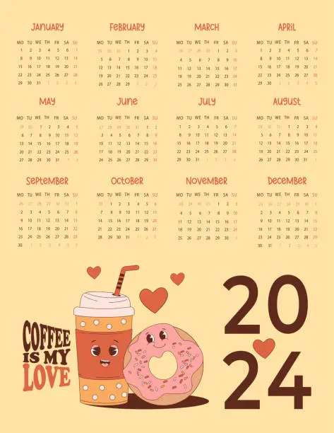Vector illustration of Annual calendar 2024 Cute retro couple characters coffee in paper cup and donut. Vector vertical template for 12 months in English. Week starts Monday. Cool Stationery coffee lover. Coffee is my love.