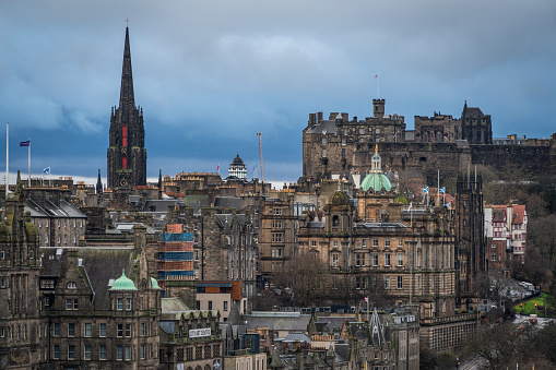 Scenic panoramic view of Edinburgh Old Town skyline. Edinburgh, Scotland, Jan. 2023