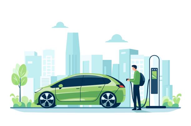 Futuristic Electric Vehicle, Electric Car Charging Station, Environmentally Friendly Transportation, Save the Earth Concept, Flat Style Vector Illustration. Futuristic Electric Vehicle, Electric Car Charging Station, Environmentally Friendly Transportation, Save the Earth Concept, Flat Style Vector Illustration. alternative fuel vehicle stock illustrations