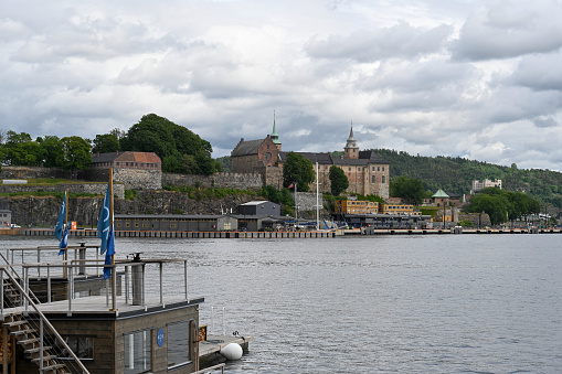 Oslo, Norway, July 4, 2023 - Akershus Fortress on the Akersneset Peninsula right on the shore of the Oslofjord.