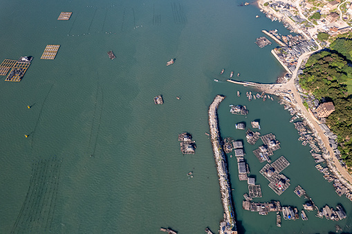 Aerial view of a large cargo ship unloading grain. Top view of a large cargo ship loading or unloading grain. Sea transportation. Truck carrying grain