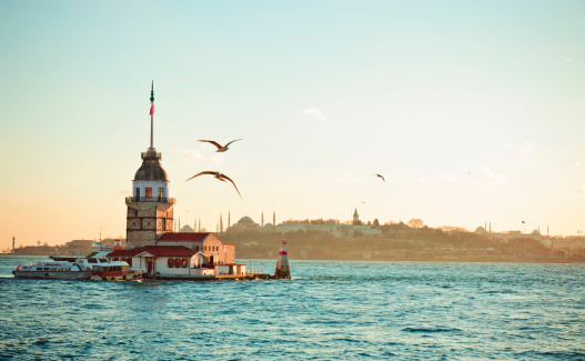 The Maiden's Tower , also known in the ancient Greek and medieval Byzantine periods as Leander's Tower, sits on a small islet located at the southern entrance of Bosphorus strait 200 m off the coast of Uskudar in Istanbul, Turkey.