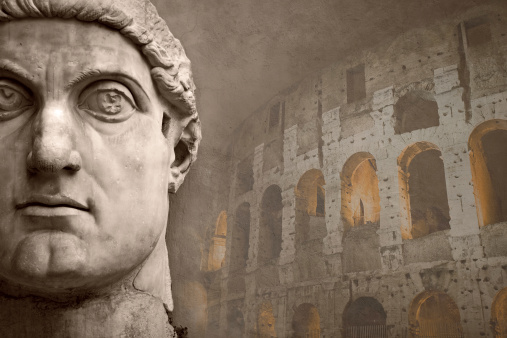 Face of the Emperor Constantine and the Coliseum, Rome, Italy. Dated around 313-324 AD. 